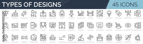 Set of 45 outline icons related to design. Linear icon collection. Editable stroke. Vector illustration