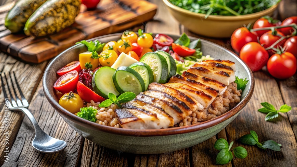 Freshly prepared healthy grain bowl with grilled chicken, bulgur, crisp veggies, and a tangy dressing, arranged artfully on a rustic wooden table surface. Freshly prepared healthy grain bowl with grilled chicken, bulgur, crisp veggies, and a tangy dressing, arranged artfully on a rustic wooden table surface.