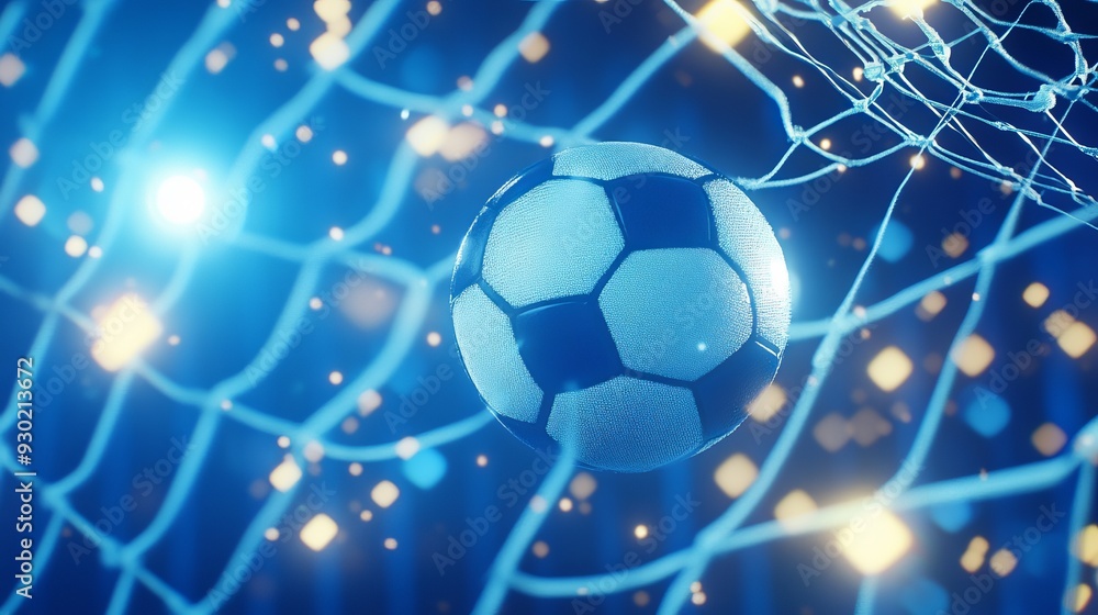 Fototapeta premium Soccer ball flew into the goal. Soccer ball bends the net, against the background of flashes of light. Soccer ball in goal net on blue background. A moment of delight, 3D illustration