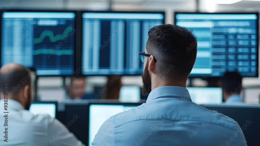 A focused individual observes multiple data screens in a modern office, analyzing financial trends and market movements.