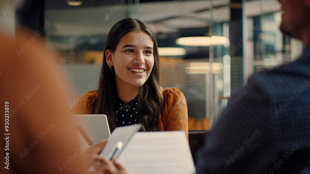 Young, smiling woman with documents sitting at the table and talking to a male executive during a meeting in a modern office Young, smiling woman with documents sitting at the table and talking to a male executive during a meeting in a modern office