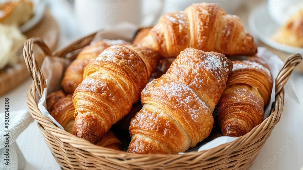 A basket filled with warm, buttery croissants, garnished with a sprinkle of powdered sugar, placed on a cozy breakfast table. A basket filled with warm, buttery croissants, garnished with a sprinkle of powdered sugar, placed on a cozy breakfast table.