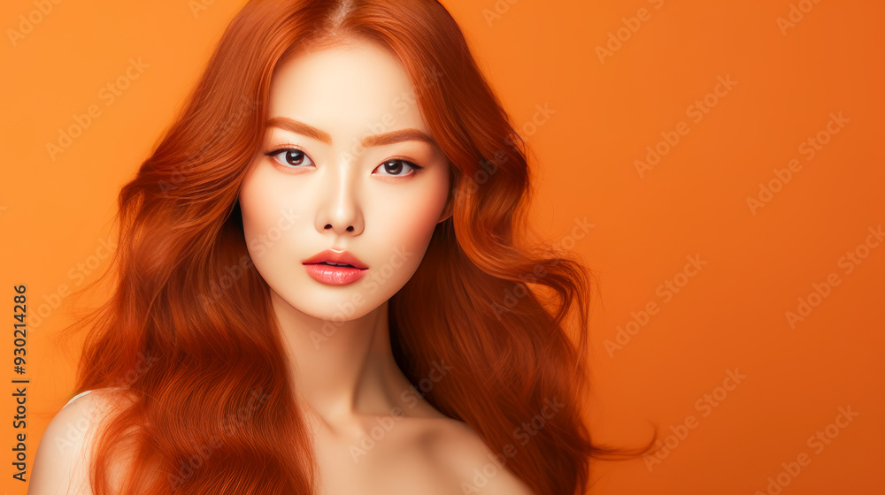 Portrait of a beautiful, sexy, smiling Asian woman with long red hair and perfect skin, orange background, banner. Portrait of a beautiful, sexy, smiling Asian woman with long red hair and perfect skin, orange background, banner.