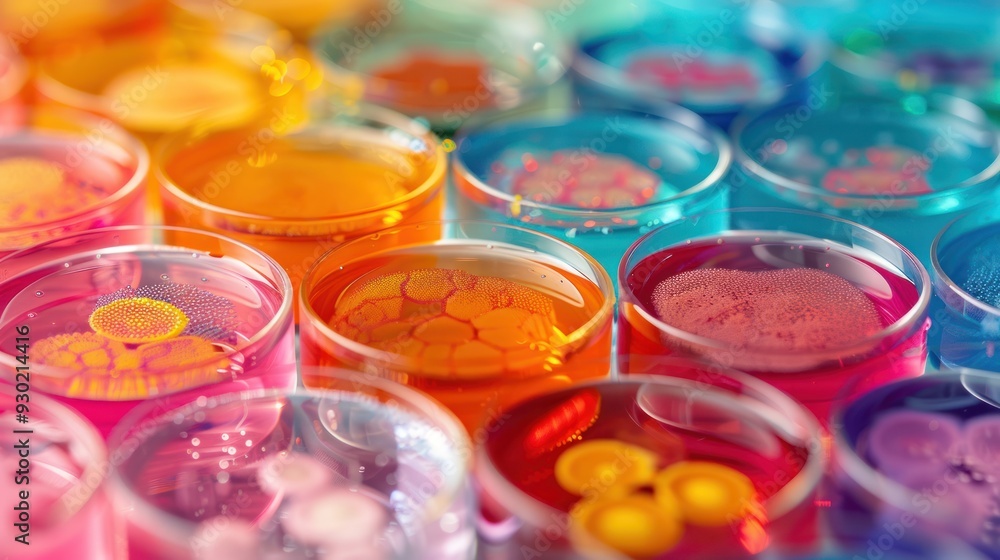Vibrant petri dishes arranged in a laboratory (focus on, microbiological study, whimsical, Multilayer, Incubation room)