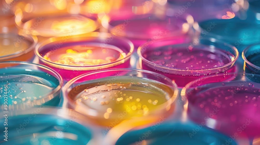 Vibrant petri dishes arranged in a laboratory (focus on, microbiological study, whimsical, Multilayer, Incubation room)