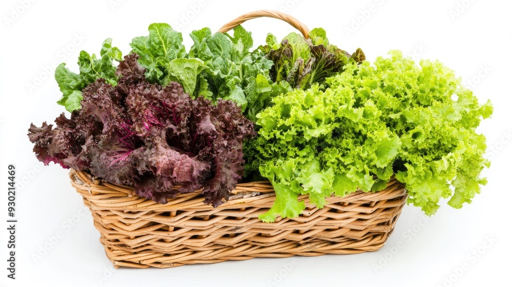A basket overflowing with fresh green and red lettuce, isolated on a white background. The bright colors and textures emphasize the natural beauty of organic vegetables. A basket overflowing with fresh green and red lettuce, isolated on a white background. The bright colors and textures emphasize the natural beauty of organic vegetables.