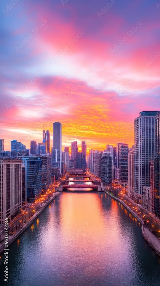 Obraz premium An epic city skyline at sunrise, with skyscrapers reflecting the warm light and a river flowing through the urban landscape, creating a breathtaking view