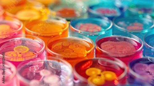 Vibrant petri dishes arranged in a laboratory (focus on, microbiological study, whimsical, Multilayer, Incubation room) photo