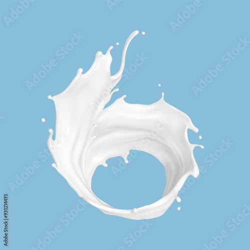 Twisted milk splash isolated on blue background. Natural dairy product, yogurt or cream splash. Realistic vector illustration