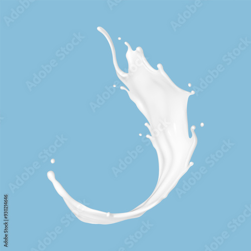 Milk splash isolated on blue background. Natural dairy product, yogurt or cream splash. Realistic vector illustration