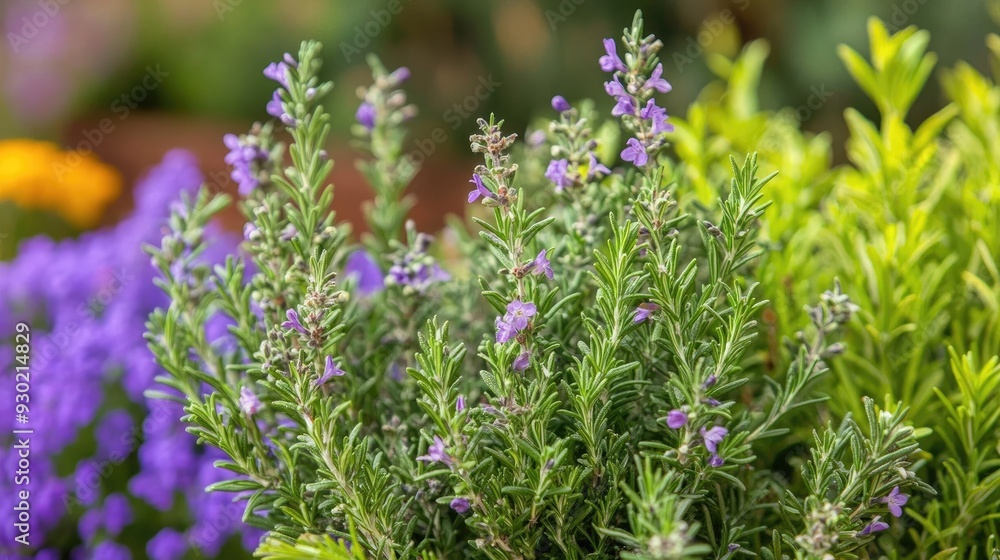 Obraz premium A beautiful rosemary plant in full bloom with tiny purple flowers, surrounded by other herbs in a vibrant garden.