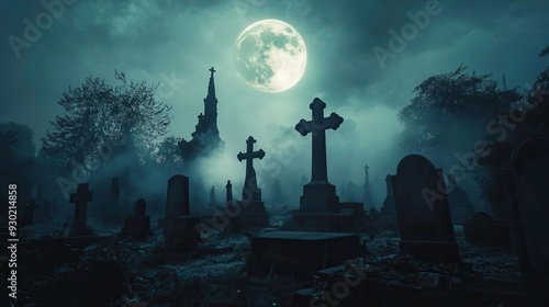 A haunting graveyard scene illuminated by a full moon, featuring eerie tombstones and a misty atmosphere, perfect for spooky themes.