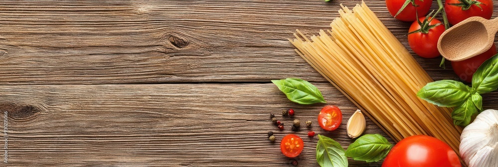Fresh Ingredients for Italian Cuisine - Flat Lay of Spaghetti, Tomatoes, Basil, and Wooden Spoon on Rustic Table,Generative AI Fresh Ingredients for Italian Cuisine - Flat Lay of Spaghetti, Tomatoes, Basil, and Wooden Spoon on Rustic Table,Generative AI