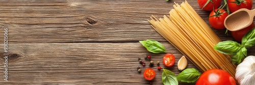 Fresh Ingredients for Italian Cuisine - Flat Lay of Spaghetti, Tomatoes, Basil, and Wooden Spoon on Rustic Table,Generative AI