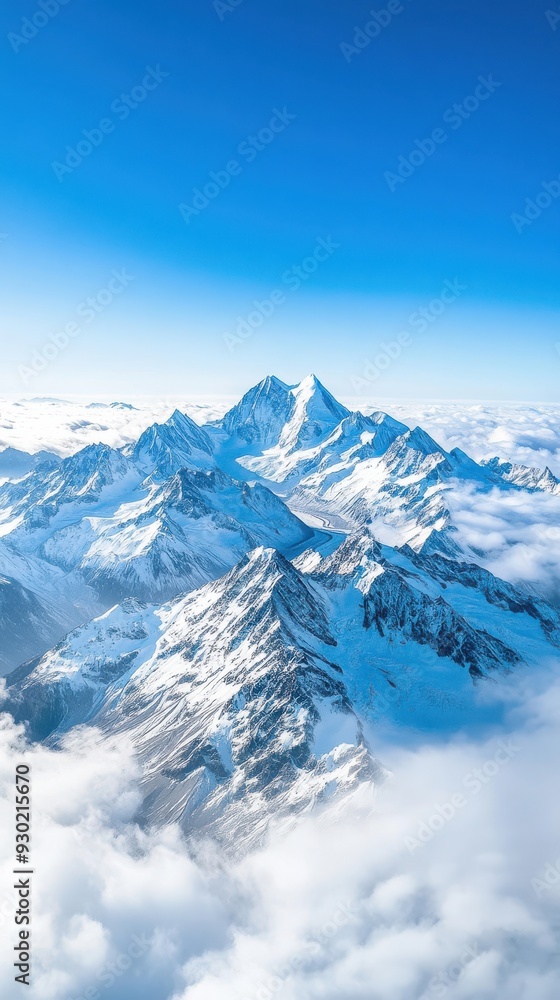 Naklejka premium An aerial view of a mountain range with snow-capped peaks, deep valleys, and clouds drifting over the landscape, creating a majestic and awe-inspiring scene