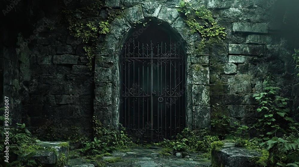 An ancient stone gate covered in vines leads into a mysterious, overgrown space, evoking a sense of forgotten history.