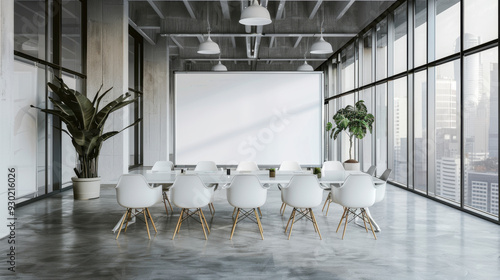 A mockup of an empty whiteboard in the center, inside a modern office conference room with big windows photo