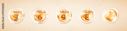 Golden bubbles of Omega acids. Omega-3, Omega-6, Omega-9. Natural fish oil, organic vitamin, nutrients. Vitamin drop, tablets or capsules. Vector illustration