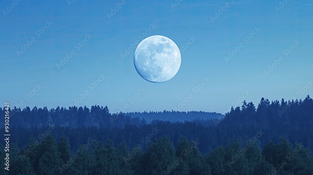 A bright full moon in a clear blue sky, with a tranquil forest below, bathed in soft moonlight filtering through the trees. A bright full moon in a clear blue sky, with a tranquil forest below, bathed in soft moonlight filtering through the trees.