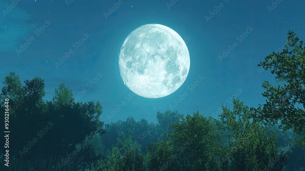 Naklejka premium A bright full moon in a clear blue sky, with a tranquil forest below, bathed in soft moonlight filtering through the trees.