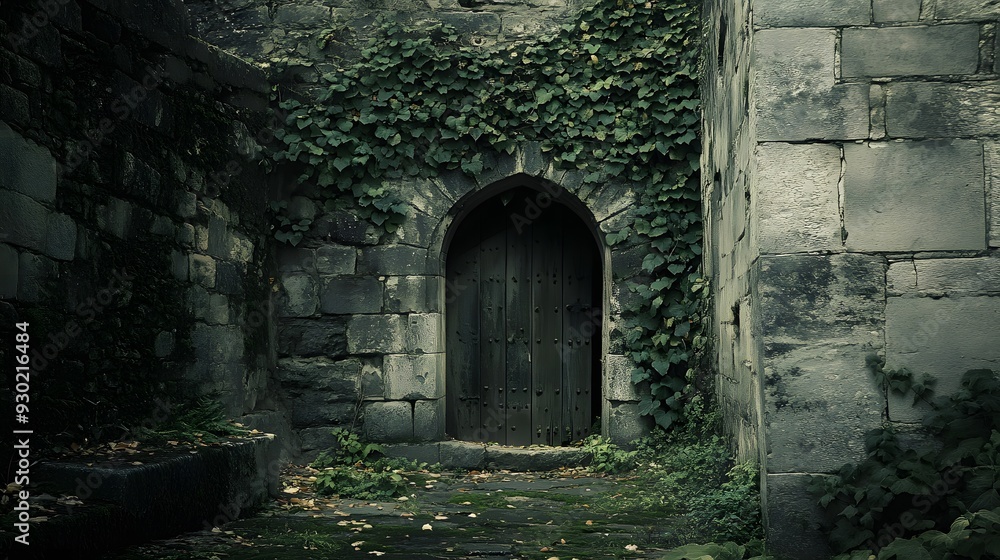 Ancient stone doorway, weathered by time, leads to a forgotten medieval castle ruin Ancient stone doorway, weathered by time, leads to a forgotten medieval castle ruin