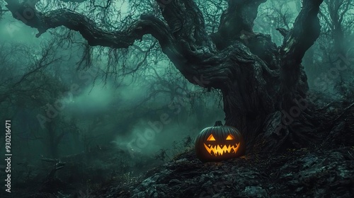 Spooky Halloween scene with a glowing jack-o-lantern beside a gnarled tree in a misty, eerie forest.