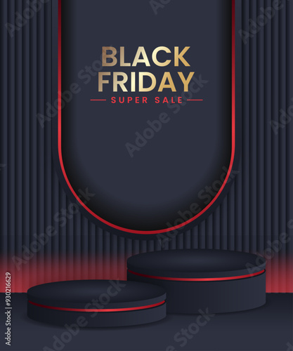 Abstract realistic 3D black cylinder pedestal podium set. Luxury black friday sale scene for product display presentation
