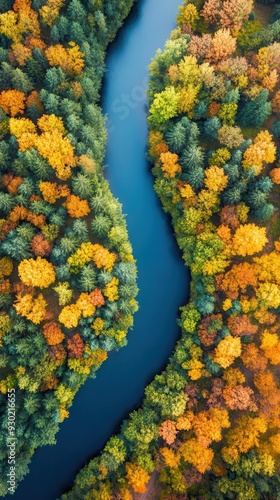 An aerial view of a dense forest with a river cutting through, the trees showing vibrant autumn colors, and the river reflecting the sky