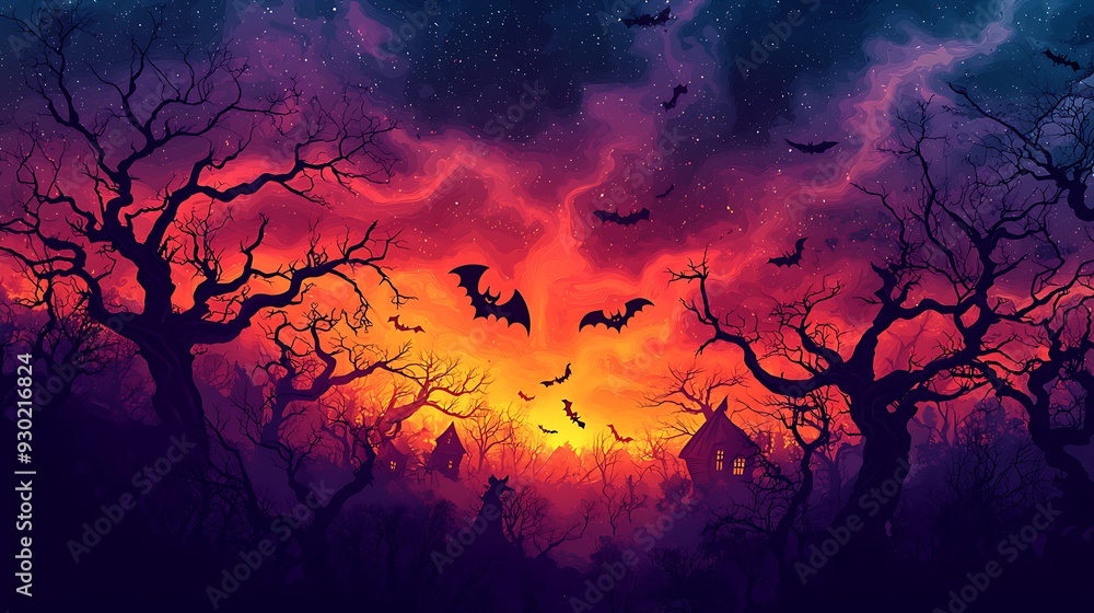 An abstract Halloween composition with intersecting shapes of bats, ghosts, and witches, set against a deep purple and orange gradient An abstract Halloween composition with intersecting shapes of bats, ghosts, and witches, set against a deep purple and orange gradient