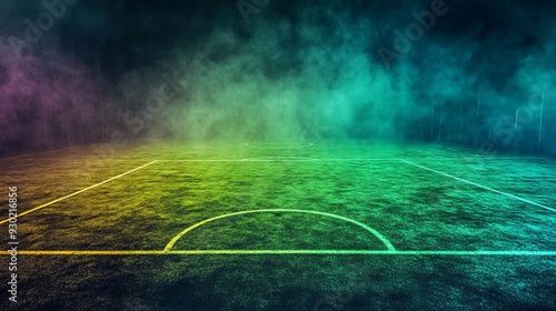 textured soccer game field with neon fog - center, midfield