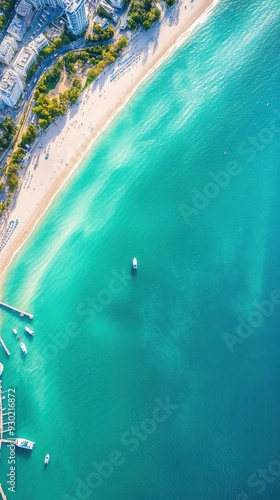 An aerial view of a coastal city, where urban sprawl meets the ocean, with sandy beaches, docks, and a harbor filled with boats