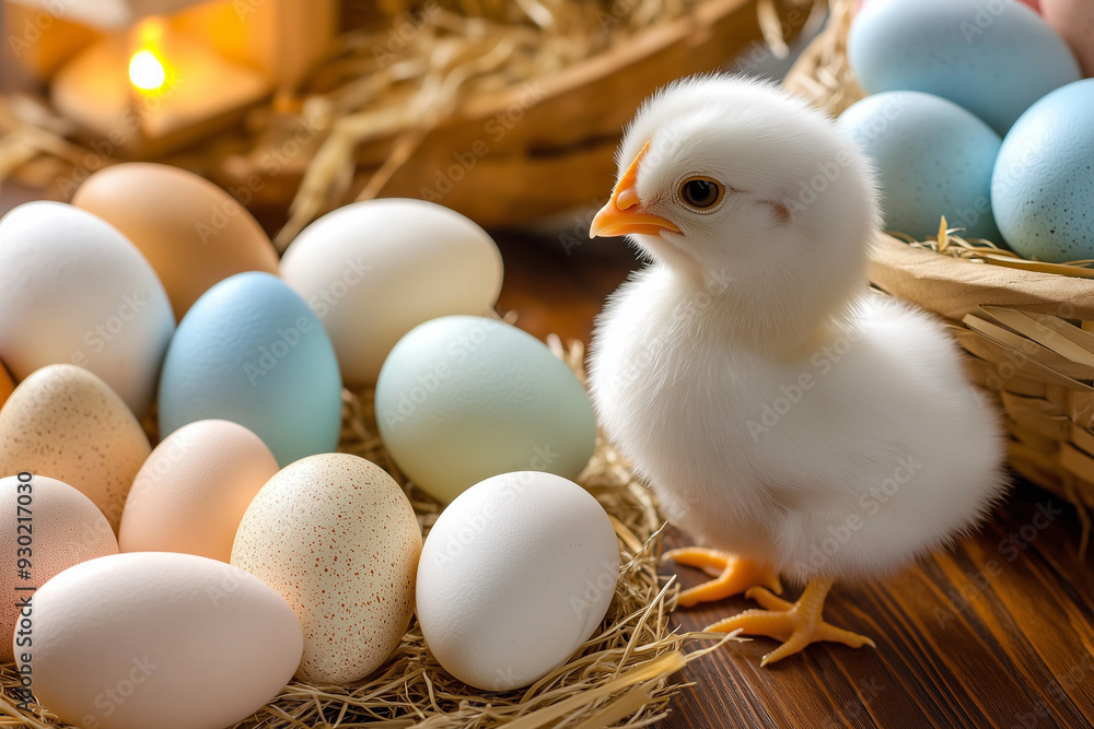 Adorable white chick surrounded by pastel Easter eggs in cozy, candle-lit farmhouse setting Adorable white chick surrounded by pastel Easter eggs in cozy, candle-lit farmhouse setting