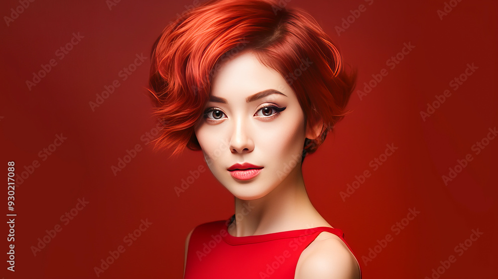 Portrait of a beautiful, sexy, smiling, happy Asian woman with short red hair and perfect skin, red background, banner. Portrait of a beautiful, sexy, smiling, happy Asian woman with short red hair and perfect skin, red background, banner.