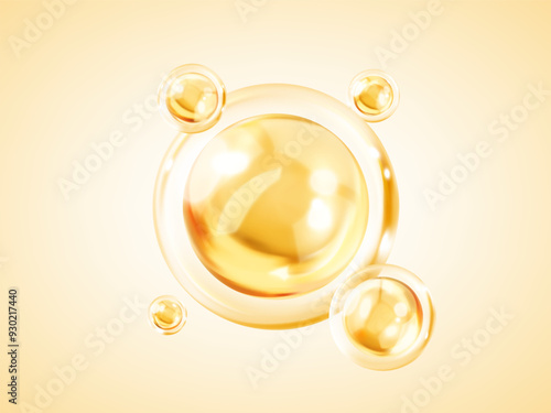 Transparent golden liquid bubbles. Golden yellow bubble oil or serum isolated on yellow background. Concept skin care cosmetics solution