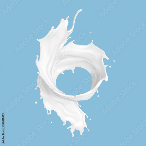 Twisted milk splash isolated on blue background. Natural dairy product, yogurt or cream splash. Realistic vector illustration