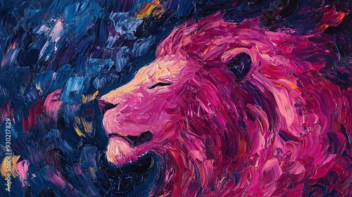 A pink lion's head is painted in thick strokes of oil paint on a dark blue background. The mane is full and flowing, and the lion's eyes are closed, as if it is dreaming. photo