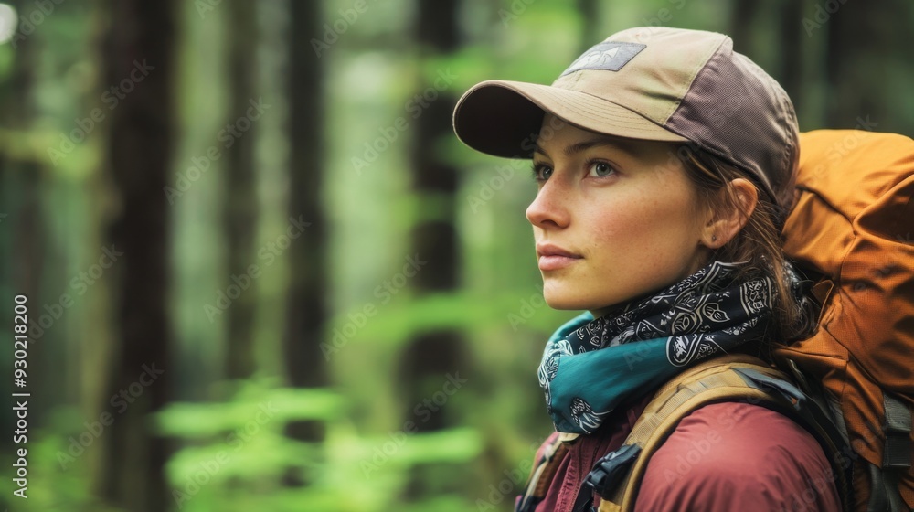 A young woman pauses in her hike, gazing thoughtfully into the forest, surrounded by vibrant greenery and tall trees. A young woman pauses in her hike, gazing thoughtfully into the forest, surrounded by vibrant greenery and tall trees.