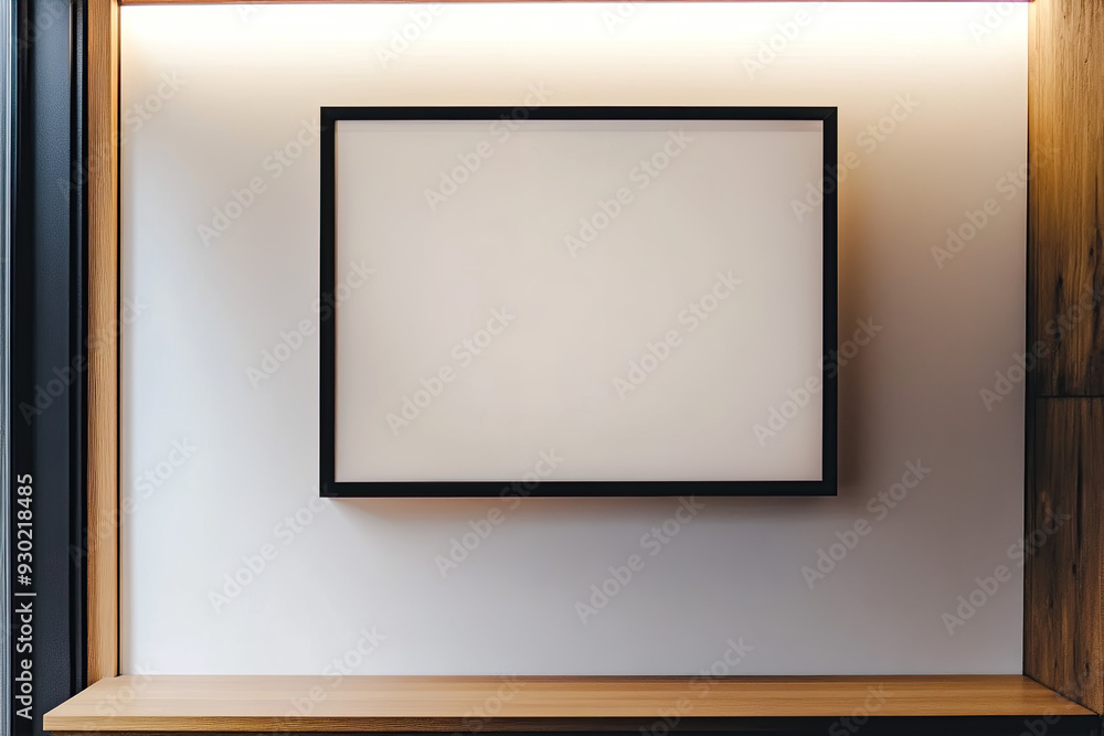 A close-up shot of an empty black frame on the wall, framed by a wooden shelf and against a white background, offers space for text or images. The picture is taken from above. A close-up shot of an empty black frame on the wall, framed by a wooden shelf and against a white background, offers space for text or images. The picture is taken from above.