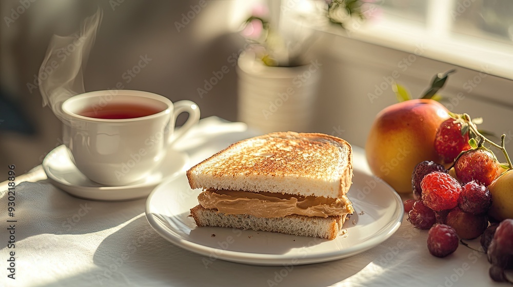 A cozy breakfast scene with a peanut butter sandwich on a white plate, accompanied by a hot cup of tea and fresh fruit on a light table. A cozy breakfast scene with a peanut butter sandwich on a white plate, accompanied by a hot cup of tea and fresh fruit on a light table.