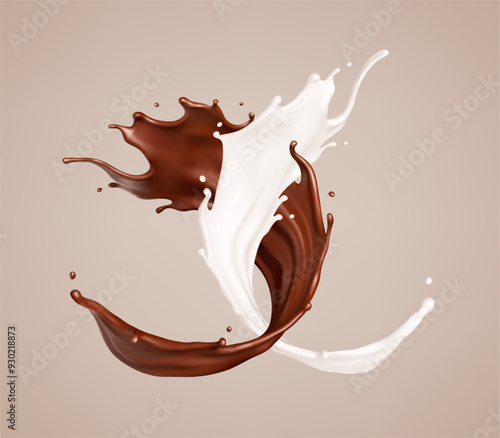Milk and chocolate splash. Melted brown choco and milky waves with drops. Realistic vector illustration