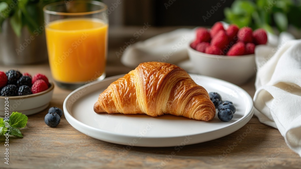 A croissant on a white plate with a glass of orange juice and a bowl of fresh berries, creating a colorful and inviting breakfast setup. A croissant on a white plate with a glass of orange juice and a bowl of fresh berries, creating a colorful and inviting breakfast setup.