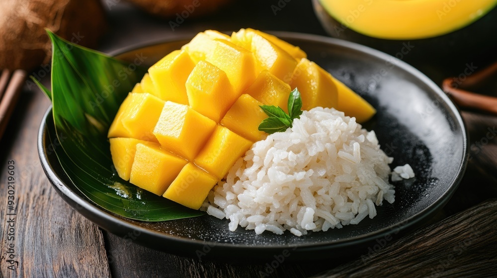 A delicious dessert of yellow mango, sticky rice, and coconut milk on a black plate, served with a mango leaf on a wooden table. A delicious dessert of yellow mango, sticky rice, and coconut milk on a black plate, served with a mango leaf on a wooden table.