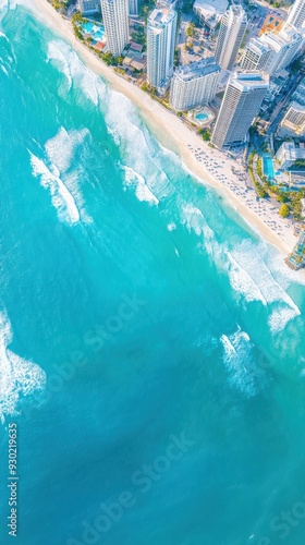 An aerial perspective of a coastal city, where modern buildings meet the ocean, with waves gently crashing against the shore and boats docked in the marina