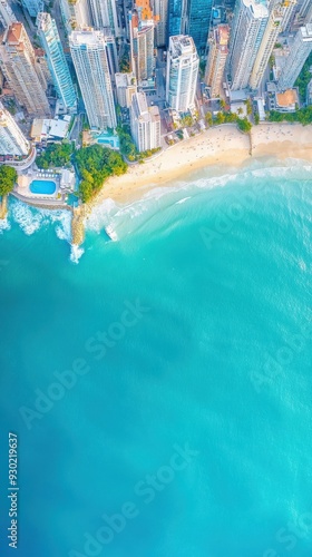 An aerial perspective of a coastal city, where modern buildings meet the ocean, with waves gently crashing against the shore and boats docked in the marina