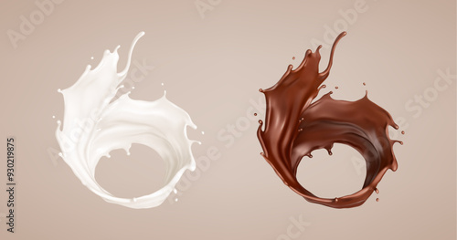 Milk and chocolate splash. Milkshake and melted brown choco. Realistic vector illustration