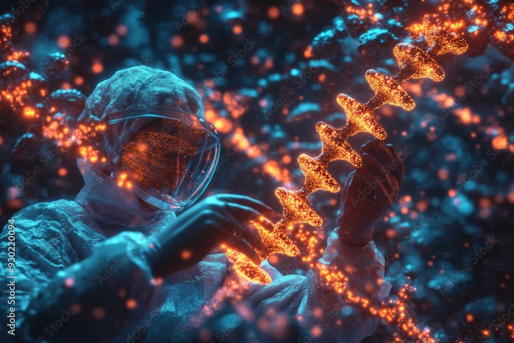 Scientist examining a glowing DNA strand in a high tech lab representing the advancements in genetic engineering and biotechnology Scientist examining a glowing DNA strand in a high tech lab representing the advancements in genetic engineering and biotechnology