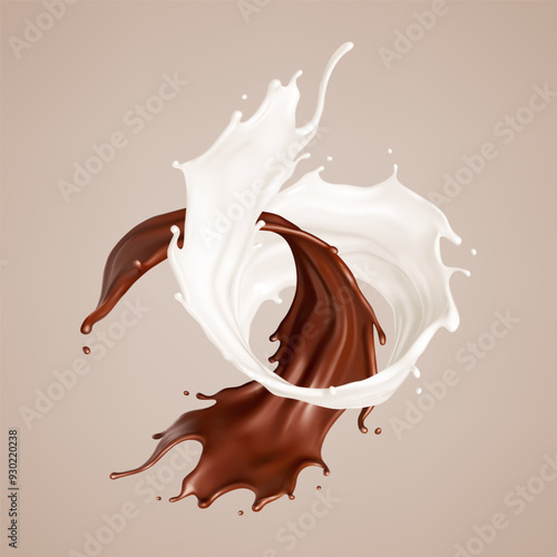 Milk and chocolate splash. Melted brown choco and milky waves with drops. Realistic vector illustration