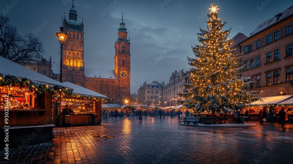 Fototapeta premium A festive holiday scene in Krakow, Poland, with the Cloth Hall and a beautifully lit Christmas tree on the Main Market Square, capturing the spirit of Christmas.