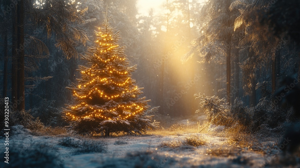 A festive fir tree decorated with garland lights, standing in a peaceful winter forest bathed in warm sunlight. A festive fir tree decorated with garland lights, standing in a peaceful winter forest bathed in warm sunlight.