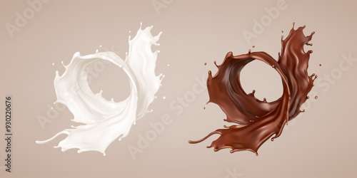 Milk and chocolate splash. Milkshake and melted brown choco. Realistic vector illustration